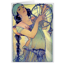 mucha gypsy tambourine dance music woman greeting cards