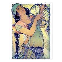 mucha gypsy tambourine dance music woman postcard