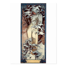 mucha winter art nouveau poster woman snow post card