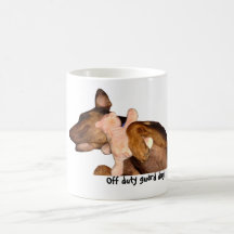 Mug-doberman dog sleeping with teddy bear