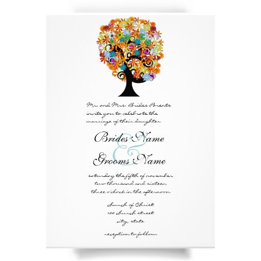 Multi Coloured Flower  Love Tree Wedding Invitatio