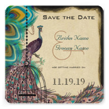 Musical Peacock Bird Cage Eggplant Save the Date Personalized Announcements
