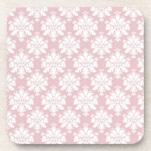 muted pink and white cream damask pattern coaster
