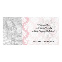 muted pink and white cream damask pattern photo card template