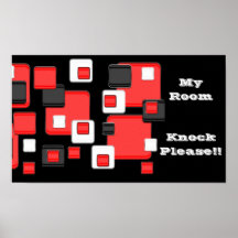 My room, knock, red, black, white retro squares poster
