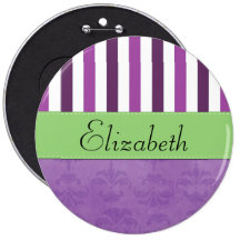 Names Initials Monograms Damask Purple, Green Pinback Buttons