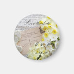 narcissus, hearts with old script save date magnet