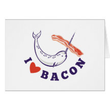 narwhal whale i love bacon greeting cards