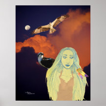 Native American Woman Moon Hawks Poster