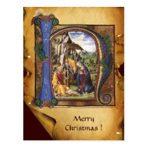 NATIVITY PARCHMENT Blue Sapphire Monogram Postcard