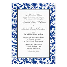 Navy Blue and Black Swirl Damask Wedding Personalized Invitations