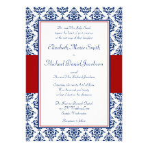 Navy Blue and Red Damask Wedding Invitations