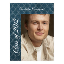Navy blue damask photo graduation announcement post cards