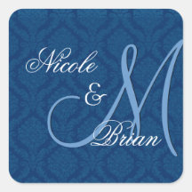 Navy Blue Damask Wedding Bride Groom Monogram Square Sticker