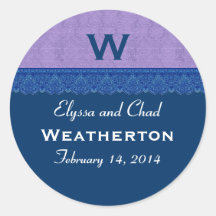 Navy Blue Lace Monogram Round Address Label V01 Round Sticker