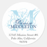 Navy blue monogram antique grunge address label round stickers
