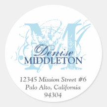 Navy blue monogram antique grunge address label round stickers
