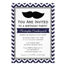 Navy Blue Moustache Chevron Birthday Party Personalised Invitations