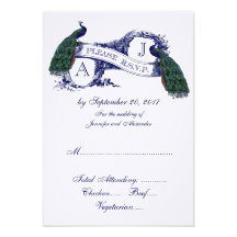 Navy Blue Peacock Wedding RSVP Custom Invite
