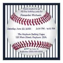 Navy Blue Pinstripes Baseball Birthday Party Custom Invitations