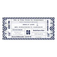 Navy Chevron Zig Zag Vintage Modern Ticket Wedding Personalized Invitation