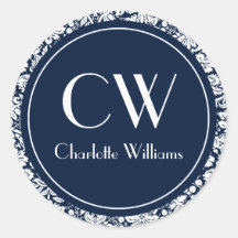 Navy Damask Monogram Sticker