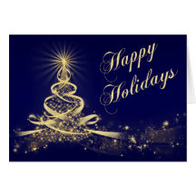 Navy, Gold Lighted Tree Corporate Holiday Card