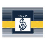 navy stripes, anchor, nautical wedding rsvp postcards