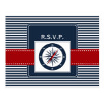navy stripes, compass, nautical wedding rsvp postcards
