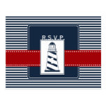 navy stripes,lighthouse, nautical wedding rsvp postcards