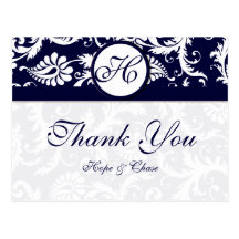 Navy Trim Damask Swirls Thank You Cards Postcard