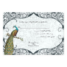Navy Whimsical Peacock Love Bird RSVP Personalised Announcements