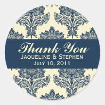 Navyblue & Ivory Damask Round Wedding Labels Round Stickers