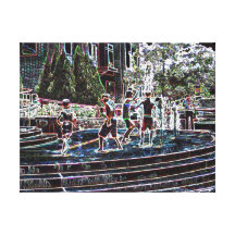 Neon Kids In Fountain - Digital Art - Riverwalk Canvas Print
