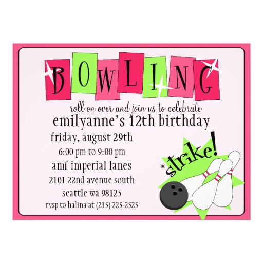Neon Pink & Green Totally Retro Bowling Birthday P Personalized Announcement