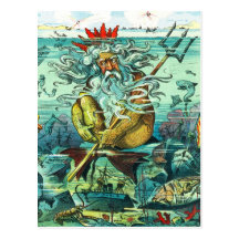 Neptune sitting among sunken wrecks post card
