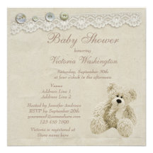 Neutral Teddy Bear Vintage Lace Baby Shower Invitations