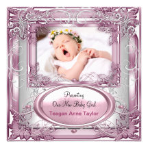 New Baby Girl Announcement Pink Silver