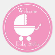 New Baby Girl Vintage Baby Carriage Round Sticker