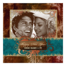 New Year's Party Grunge Copper Blue Photocard Personalized Invitation