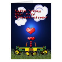 Night Time 2 Green Tractors Kissing Valentine Card
