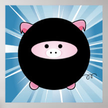 Ninja Pig on Blue Poster Print