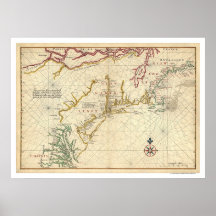 Northeast Coast USA Map 1639 Posters