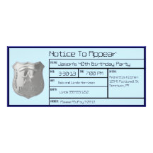 Notice to Appear Custom Birthday Party Invites