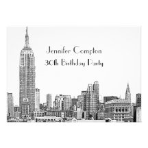 NYC Skyline 01 Etched Wht Birthday Party Invites