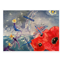 Nymphs and Dragonfly Watercolor Painting Post Cards
