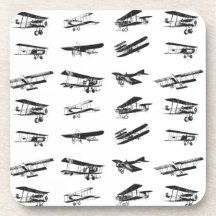 Old aeroplanes in black and white, vintage aircraf drink coasters