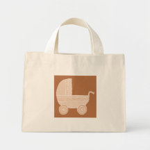 Old Fashioned Beige Baby Stroller on Brown. Canvas Bag