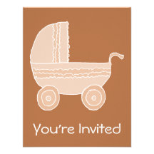 Old Fashioned Beige Baby Stroller on Brown. Custom Invite