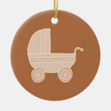 Old Fashioned Beige Baby Stroller on Brown. Christmas Ornament